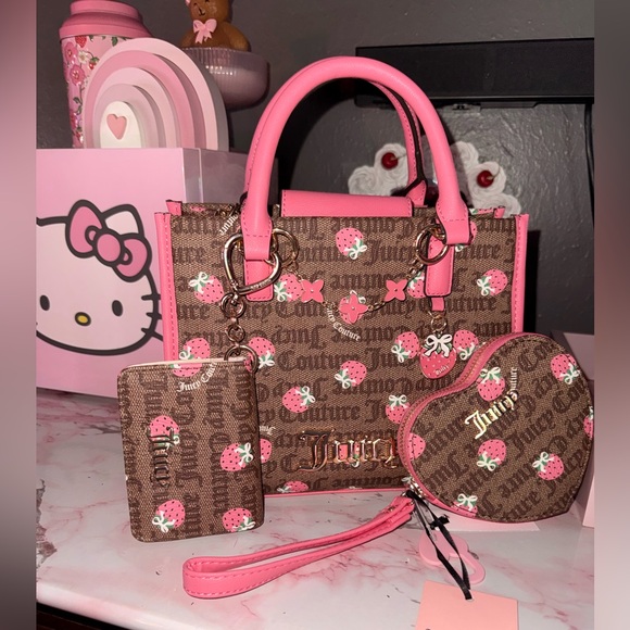 Juicy Couture Strawberry Print Satchel with Matching Wallet and Heart Coin Pouch - Picture 2 of 6